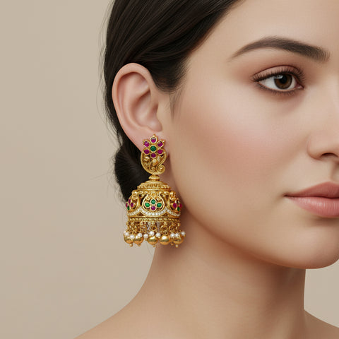 Regal Antique Gold Jhumkas with Ruby And Green Stone Work