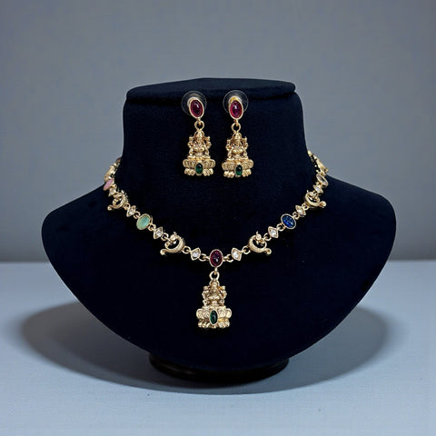 Classic Temple Necklace Set with Lakshmi Motif And Multicolour Stones