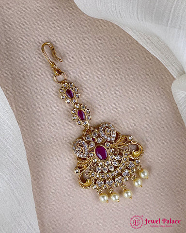 Antique Gold Temple Maang Tikka with Pearl Drops JH7289