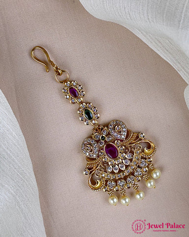 Antique Gold Temple Maang Tikka with Pearl Drops JH7290