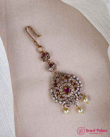 Antique Gold Temple Maang Tikka with Pearl Drops JH7291