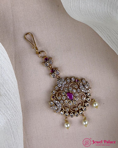 Antique Gold Temple Maang Tikka with Pearl Drops JH7295