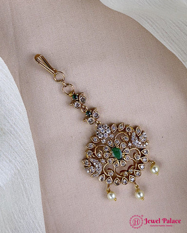 Antique Gold Temple Maang Tikka with Pearl Drops JH7297