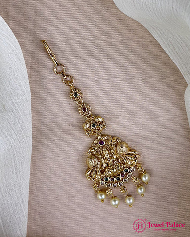 Antique Gold Temple Maang Tikka with Pearl Drops JH7298