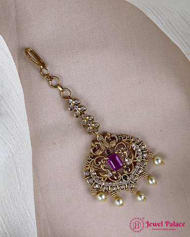 Antique Gold Temple Maang Tikka with Pearl Drops JH7299