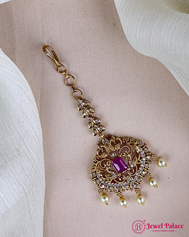 Antique Gold Temple Maang Tikka with Pearl Drops JH7300