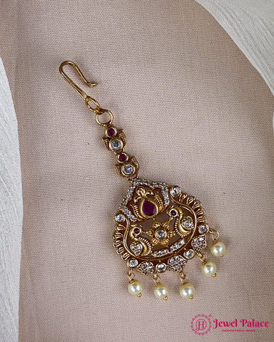 Antique Gold Temple Maang Tikka with Pearl Drops JH7302
