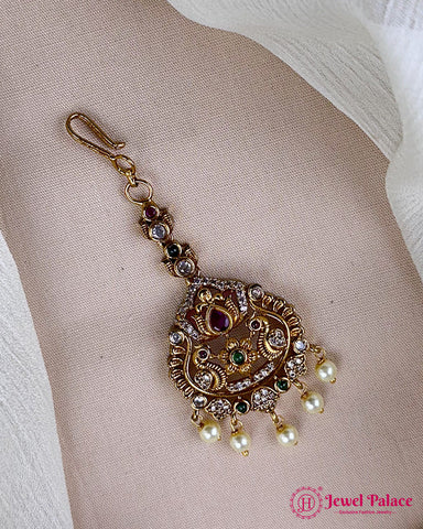 Antique Gold Temple Maang Tikka with Pearl Drops JH7303
