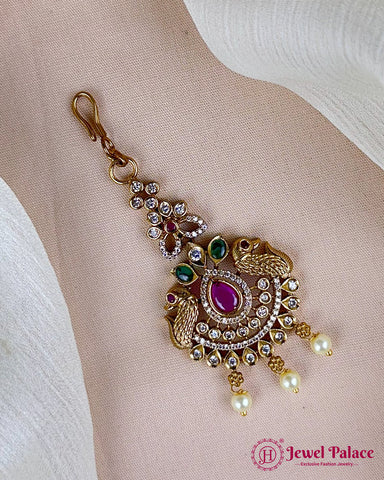 Antique Gold Temple Maang Tikka with Pearl Drops JH7304