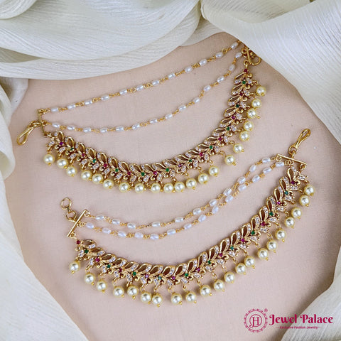 Antique Gold Pearl Ear Chain Mattal  South Indian Bridal Style JH7307