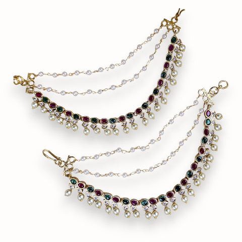 Antique Gold Pearl Ear Chain Mattal  South Indian Bridal Style JH7309