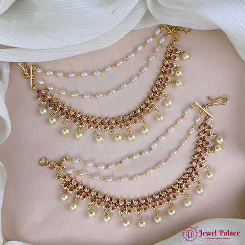 Antique Gold Pearl Ear Chain Mattal  South Indian Bridal Style JH7313
