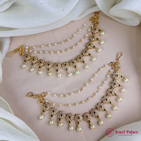 Antique Gold Pearl Ear Chain Mattal  South Indian Bridal Style JH7319
