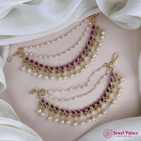Antique Gold Pearl Ear Chain Mattal  South Indian Bridal Style JH7320