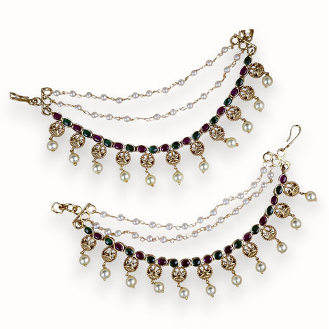 Antique Gold Pearl Ear Chain Mattal  South Indian Bridal Style JH7322