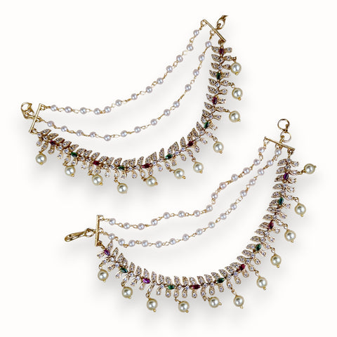 Antique Gold Pearl Ear Chain Mattal  South Indian Bridal Style JH7324