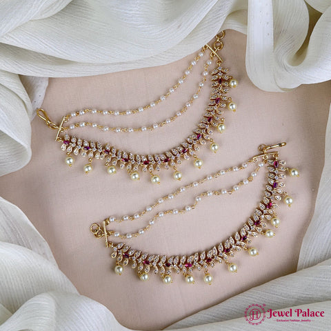Antique Gold Pearl Ear Chain Mattal  South Indian Bridal Style JH7325