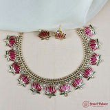 Lotus Floral Statement Necklace Set with Matching Stud Earrings JH7351