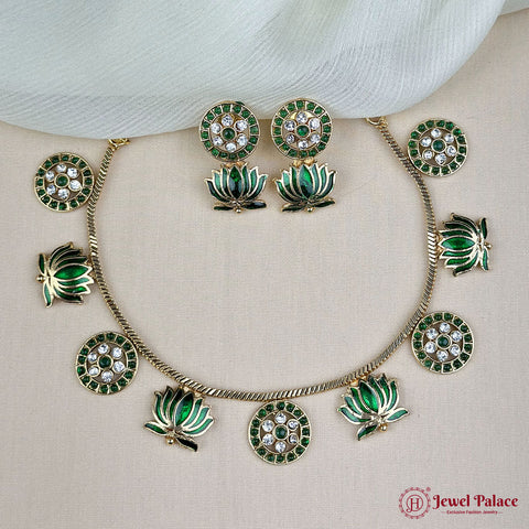 Lotus Floral Statement Necklace Set with Matching Stud Earrings JH7352