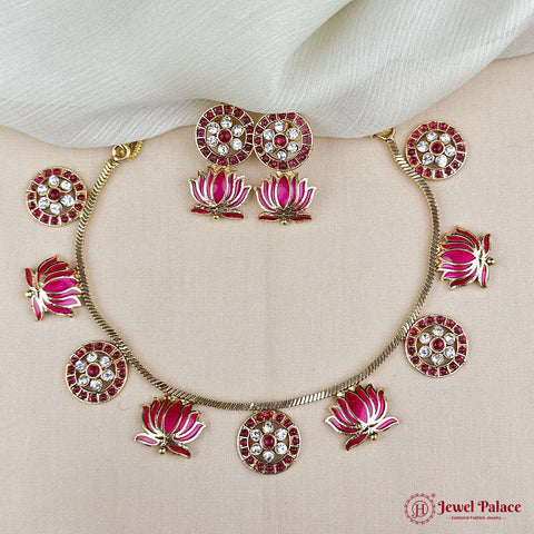 Lotus Floral Statement Necklace Set with Matching Stud Earrings JH7352