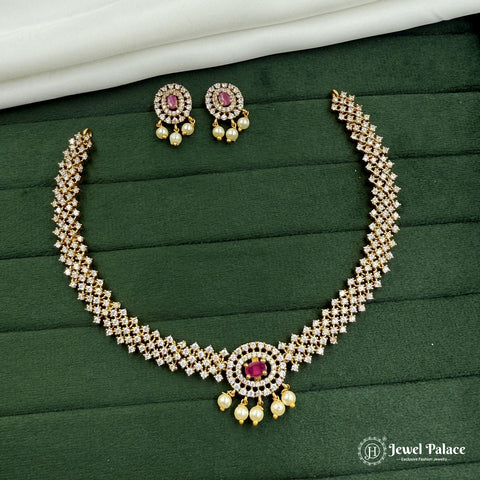 Premium Brass AD Stone Pearls Necklace Set JH7357