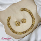 Gold necklace and earrings on a mannequin bust with 'Jewel Palace' branding.