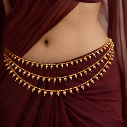 3 Layer Elegant South Indian Pearl Hip Chain Traditional Saree Waist Belt Vaddanam For Weddings