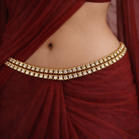2 Layer Elegant Kemp Stone Hip Chain South Indian Traditional Vaddanam for Saree