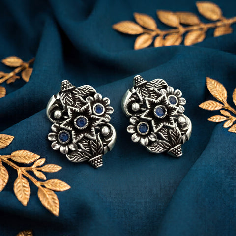 German Silver Floral Leaf Stud Earrings With Gemstone