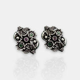 German Silver Floral Leaf Stud Earrings With Gemstone