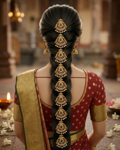 Woman with elaborate hair braid and traditional attire in a decorated indoor setting