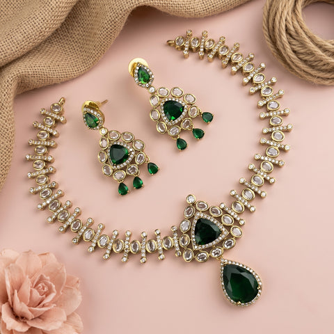 Premium Brass AD Stone Pearls Necklace Set JH7499