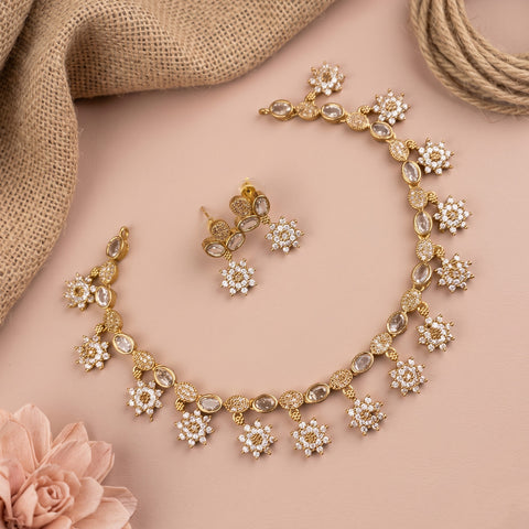 Premium Brass AD Stone Pearls Necklace Set JH7523