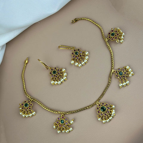 Premium Brass AD Stone Pearls Necklace Set JH7525
