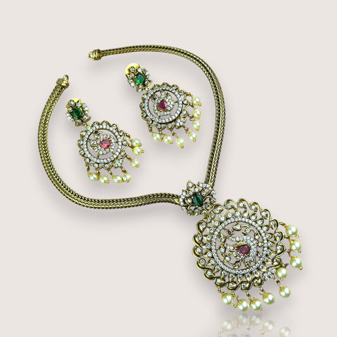 Premium Brass AD Stone Pearls Necklace Set JH7532