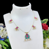Decorative necklace with gemstones on a white mannequin against a floral background