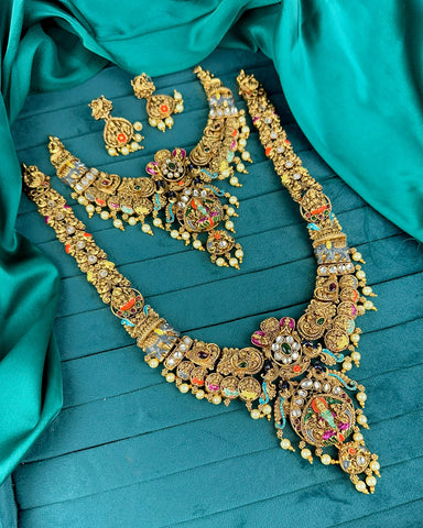 Beautiful Temple Look Gold Plated Kemp Stone Combo Jewellery Set JH7555
