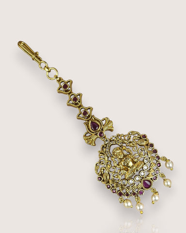 Antique Gold Temple Maang Tikka with Pearl Drops JH7700