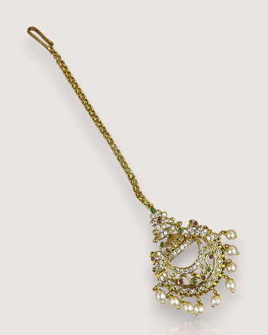 Antique Gold Temple Maang Tikka with Pearl Drops JH7701