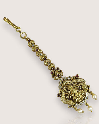 Antique Gold Temple Maang Tikka with Pearl Drops JH7702