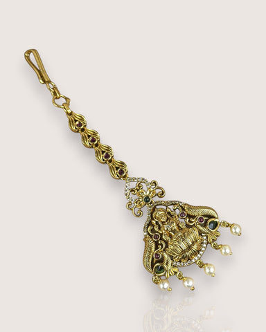 Antique Gold Temple Maang Tikka with Pearl Drops JH7704