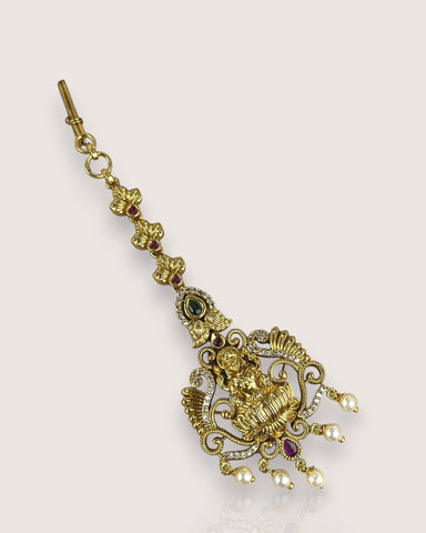 Antique Gold Temple Maang Tikka with Pearl Drops JH7705
