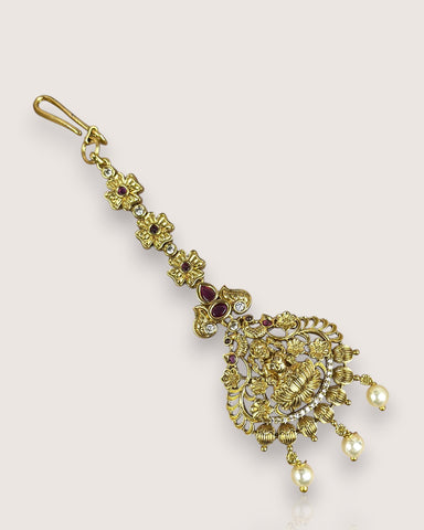 Antique Gold Temple Maang Tikka with Pearl Drops JH7706