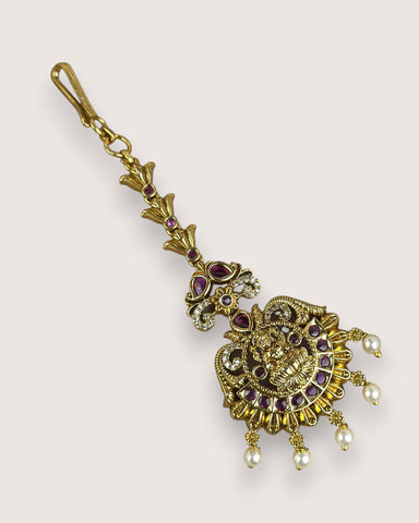 Antique Gold Temple Maang Tikka with Pearl Drops JH7707