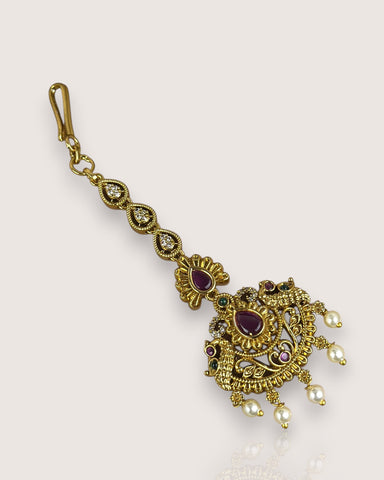 Antique Gold Temple Maang Tikka with Pearl Drops JH7708