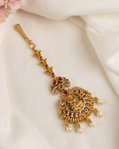 Antique Gold Temple Maang Tikka with Pearl Drops JH7709