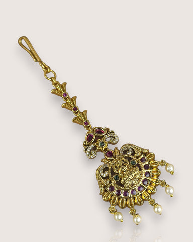 Antique Gold Temple Maang Tikka with Pearl Drops JH7709