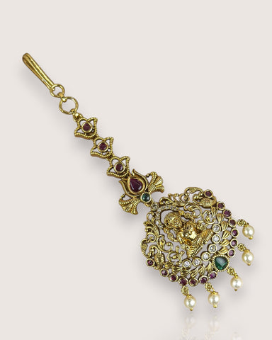 Antique Gold Temple Maang Tikka with Pearl Drops JH7710