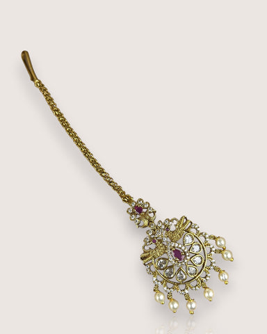 Antique Gold Temple Maang Tikka with Pearl Drops JH7711