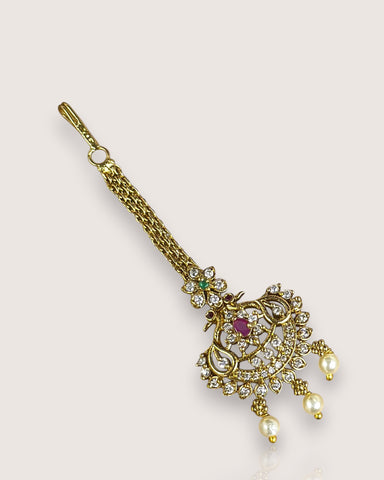 Antique Gold Temple Maang Tikka with Pearl Drops JH7714